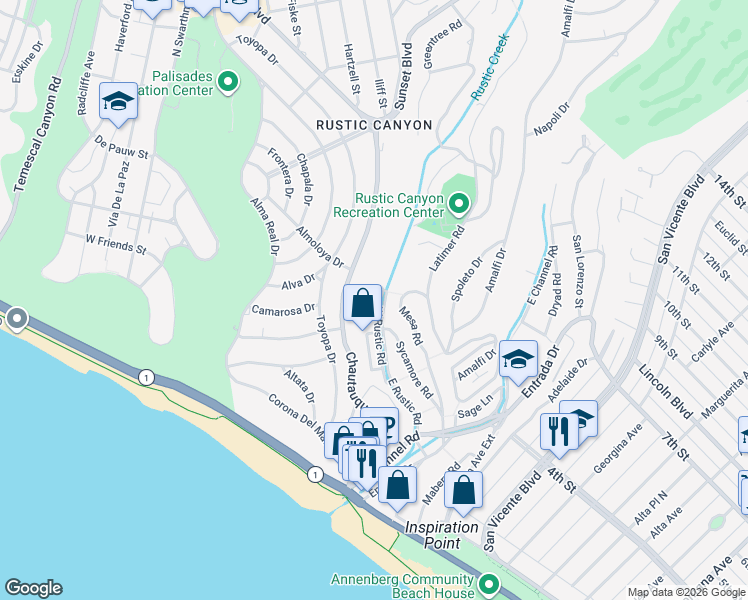 map of restaurants, bars, coffee shops, grocery stores, and more near 533 West Rustic Road in Santa Monica