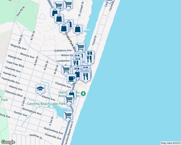 map of restaurants, bars, coffee shops, grocery stores, and more near 222 Carolina Beach Avenue North in Carolina Beach