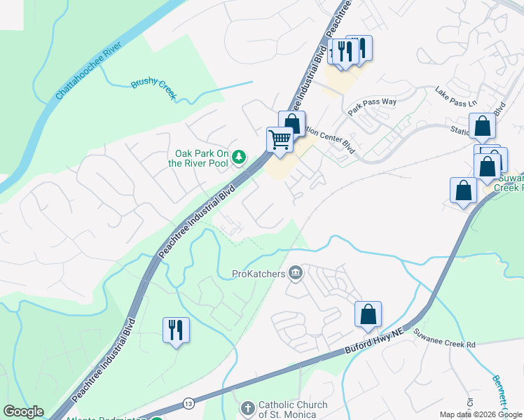 map of restaurants, bars, coffee shops, grocery stores, and more near 1558 Oak Park Court in Suwanee