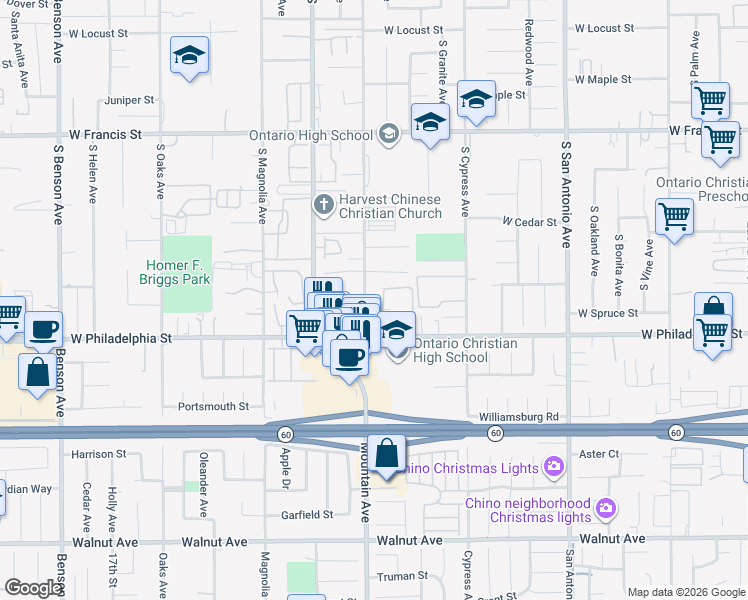 map of restaurants, bars, coffee shops, grocery stores, and more near 2121 South Palmetto Avenue in Ontario