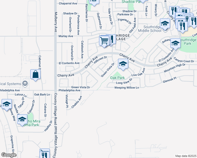 map of restaurants, bars, coffee shops, grocery stores, and more near 12045 Glenheather Drive in Fontana