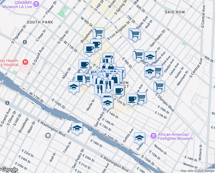 map of restaurants, bars, coffee shops, grocery stores, and more near 1137 San Julian Street in Los Angeles