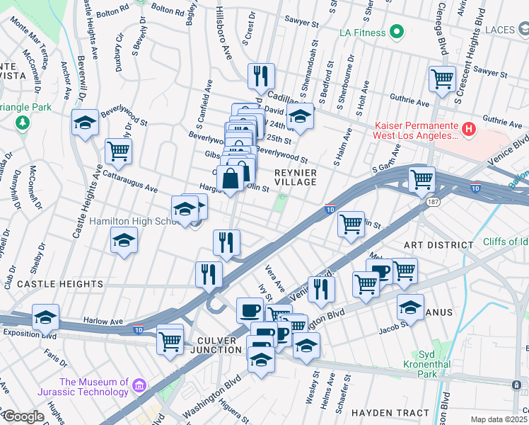 map of restaurants, bars, coffee shops, grocery stores, and more near 8912 Hargis Street in Los Angeles