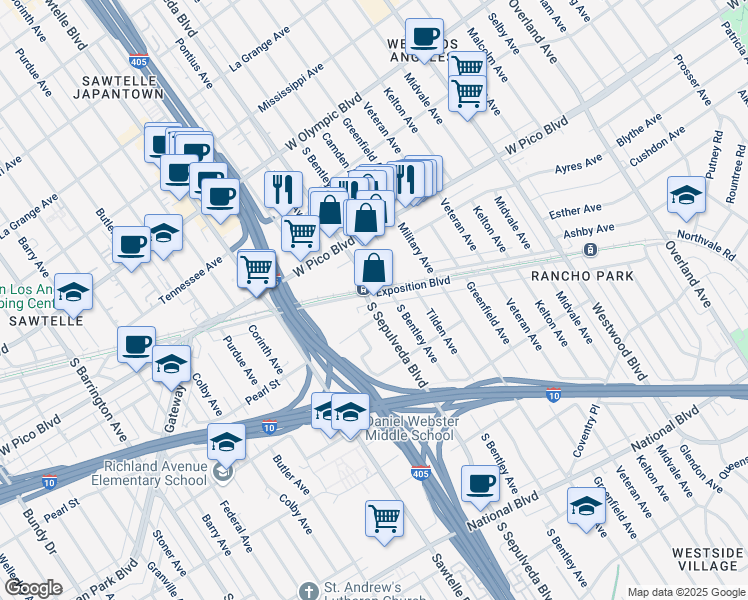 map of restaurants, bars, coffee shops, grocery stores, and more near 2510 South Sepulveda Boulevard in Los Angeles
