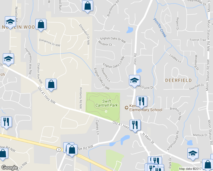 map of restaurants, bars, coffee shops, grocery stores, and more near 3431 English Oaks Drive Northwest in Kennesaw