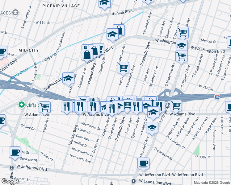 map of restaurants, bars, coffee shops, grocery stores, and more near 2419 South Cochran Avenue in Los Angeles