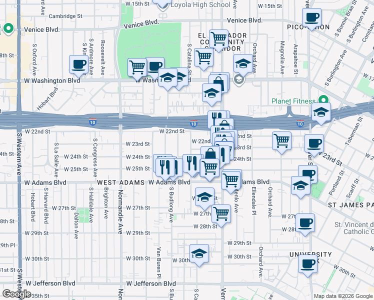 map of restaurants, bars, coffee shops, grocery stores, and more near 2315 1/2 South Catalina Street in Los Angeles
