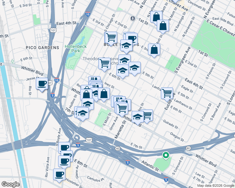 map of restaurants, bars, coffee shops, grocery stores, and more near 663 South Fickett Street in Los Angeles