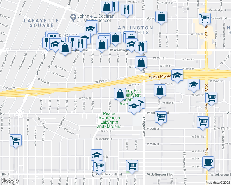map of restaurants, bars, coffee shops, grocery stores, and more near 2411 4th Avenue in Los Angeles
