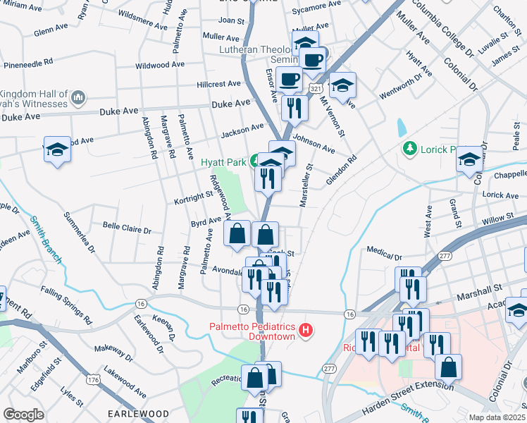 map of restaurants, bars, coffee shops, grocery stores, and more near 3709 North Main Street in Columbia