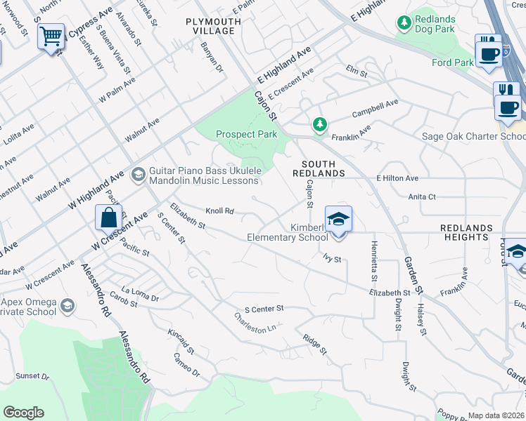 map of restaurants, bars, coffee shops, grocery stores, and more near 1379 Knoll Road in Redlands