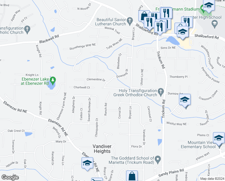 map of restaurants, bars, coffee shops, grocery stores, and more near 2180 Chartwell Drive in Marietta