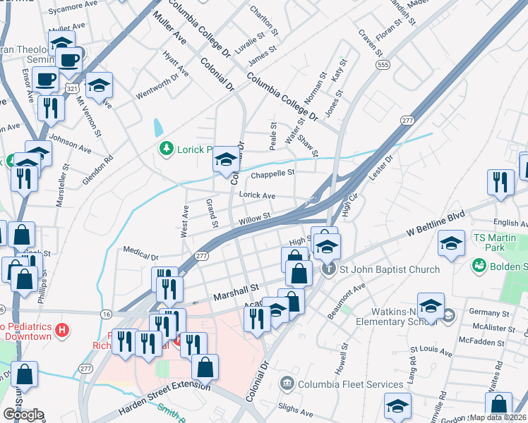 map of restaurants, bars, coffee shops, grocery stores, and more near 2231 Willow Street in Columbia