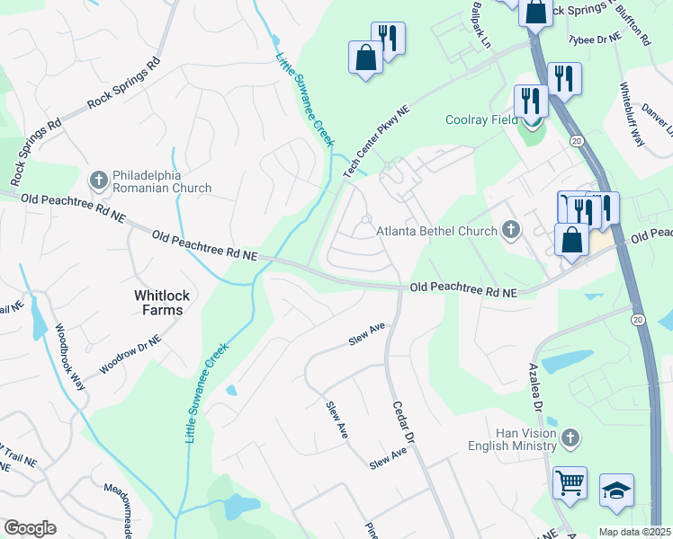 map of restaurants, bars, coffee shops, grocery stores, and more near 2388 Suwanee Pointe Drive in Lawrenceville