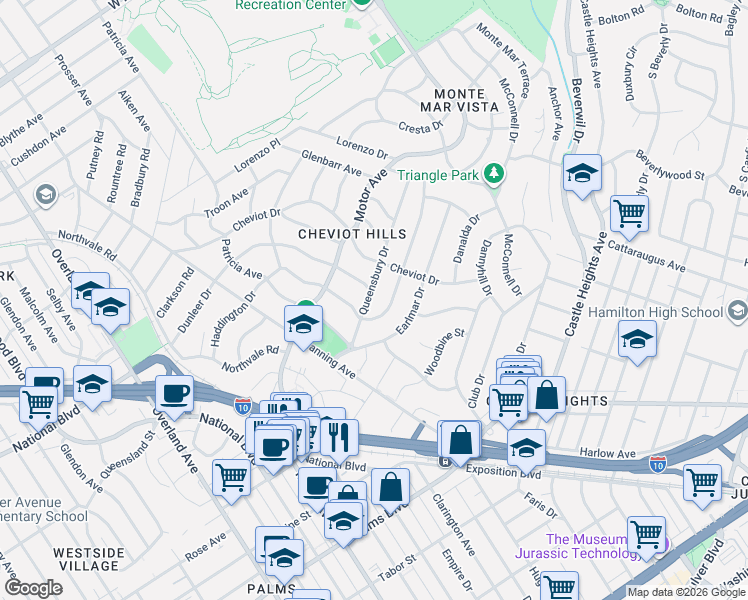map of restaurants, bars, coffee shops, grocery stores, and more near 3108 Queensbury Drive in Los Angeles