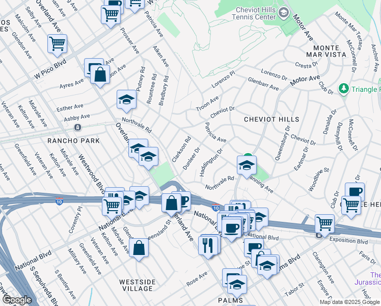 map of restaurants, bars, coffee shops, grocery stores, and more near 10533 Dunleer Drive in Los Angeles