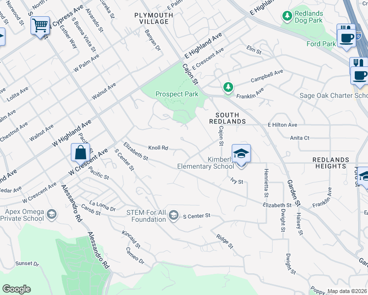 map of restaurants, bars, coffee shops, grocery stores, and more near 1379 Knoll Road in Redlands