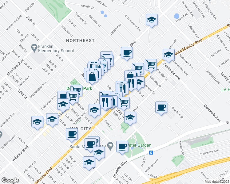 map of restaurants, bars, coffee shops, grocery stores, and more near 1321 Princeton Street in Santa Monica