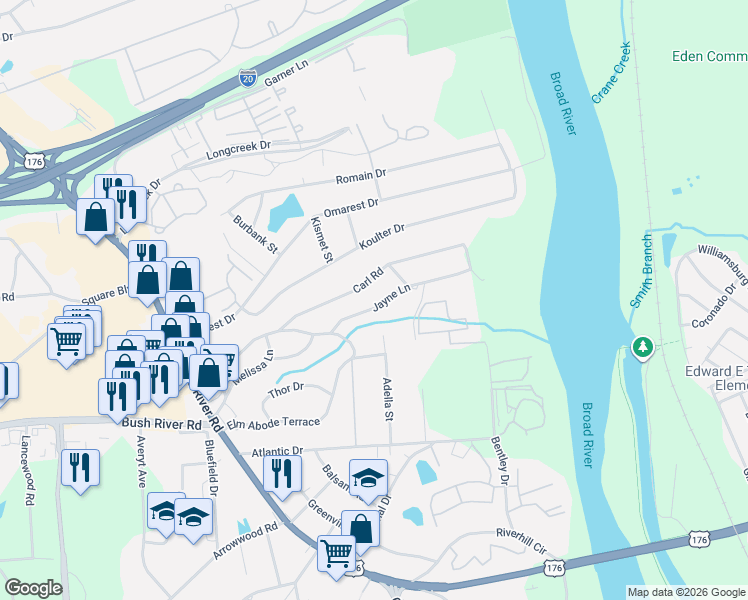 map of restaurants, bars, coffee shops, grocery stores, and more near 1716 Jayne Lane in Columbia