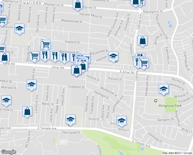 map of restaurants, bars, coffee shops, grocery stores, and more near 16211 Pocono Street in La Puente