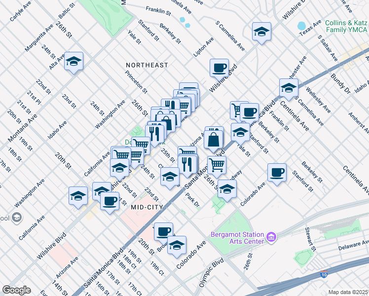 map of restaurants, bars, coffee shops, grocery stores, and more near in Santa Monica