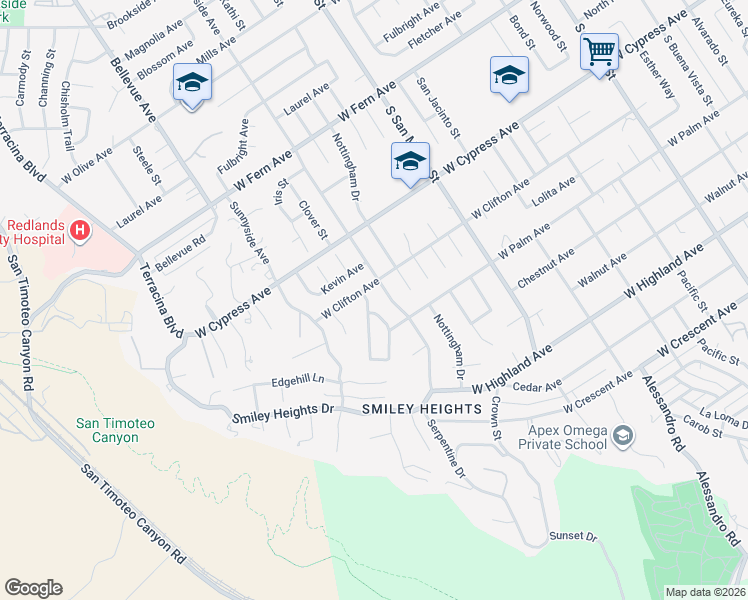 map of restaurants, bars, coffee shops, grocery stores, and more near 709 Brentwood Place in Redlands