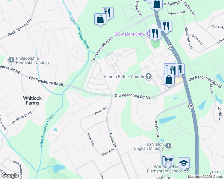 map of restaurants, bars, coffee shops, grocery stores, and more near 2635 Cedar Drive in Lawrenceville