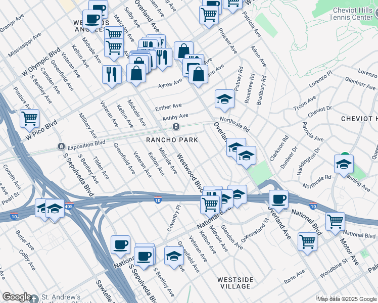 map of restaurants, bars, coffee shops, grocery stores, and more near 2713 Glendon Avenue in Los Angeles