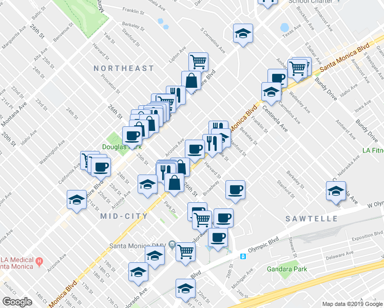 map of restaurants, bars, coffee shops, grocery stores, and more near 1342 Harvard Street in Santa Monica