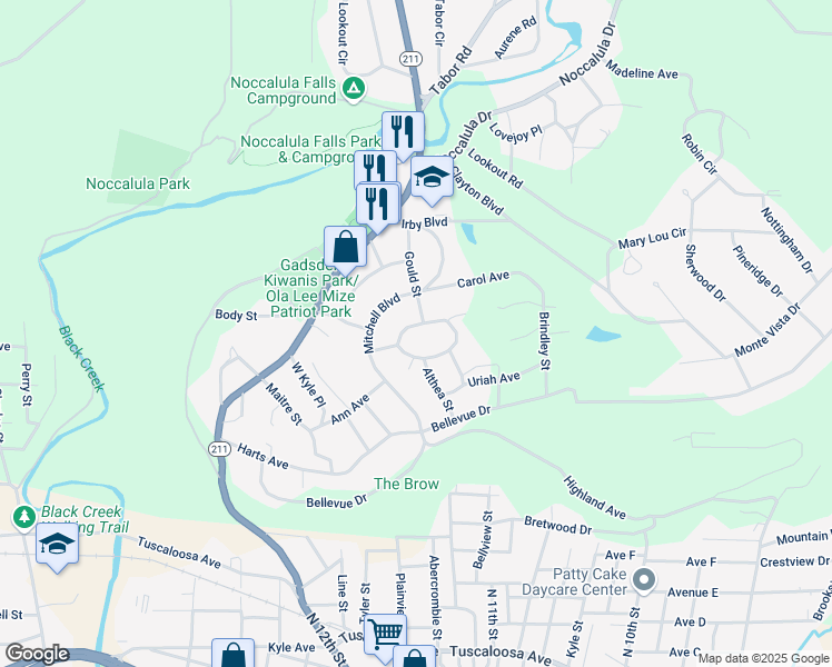 map of restaurants, bars, coffee shops, grocery stores, and more near 102 Washington Circle in Gadsden