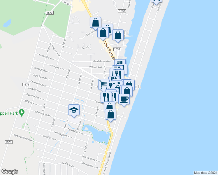 map of restaurants, bars, coffee shops, grocery stores, and more near 213 Harper Ave in Carolina Beach