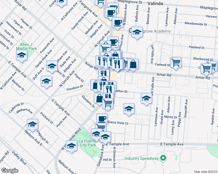 map of restaurants, bars, coffee shops, grocery stores, and more near 850 North Hacienda Boulevard in La Puente