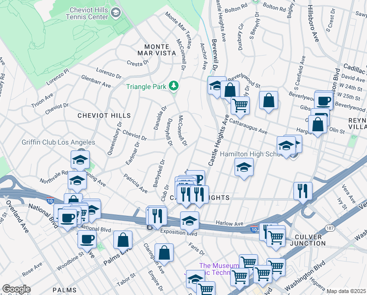 map of restaurants, bars, coffee shops, grocery stores, and more near 3087 McConnell Drive in Los Angeles