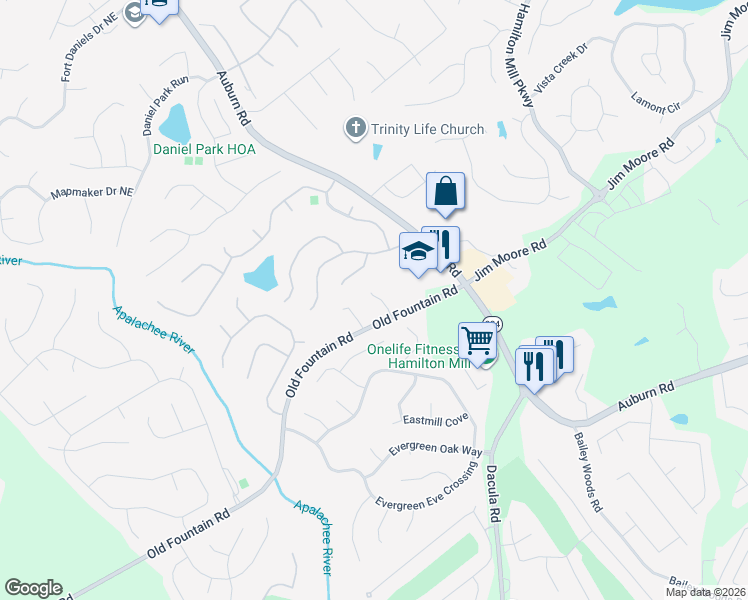 map of restaurants, bars, coffee shops, grocery stores, and more near 2845 Old Fountain Road in Dacula