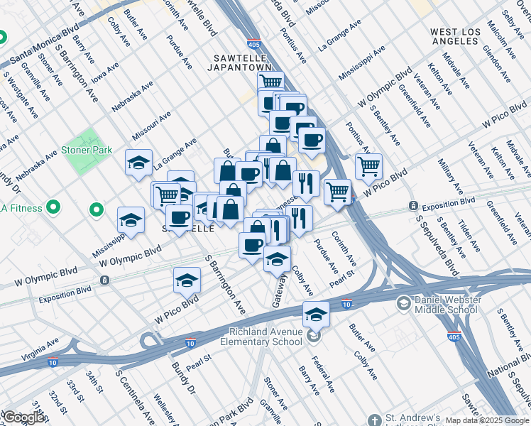 map of restaurants, bars, coffee shops, grocery stores, and more near 11511 Tennessee Avenue in Los Angeles