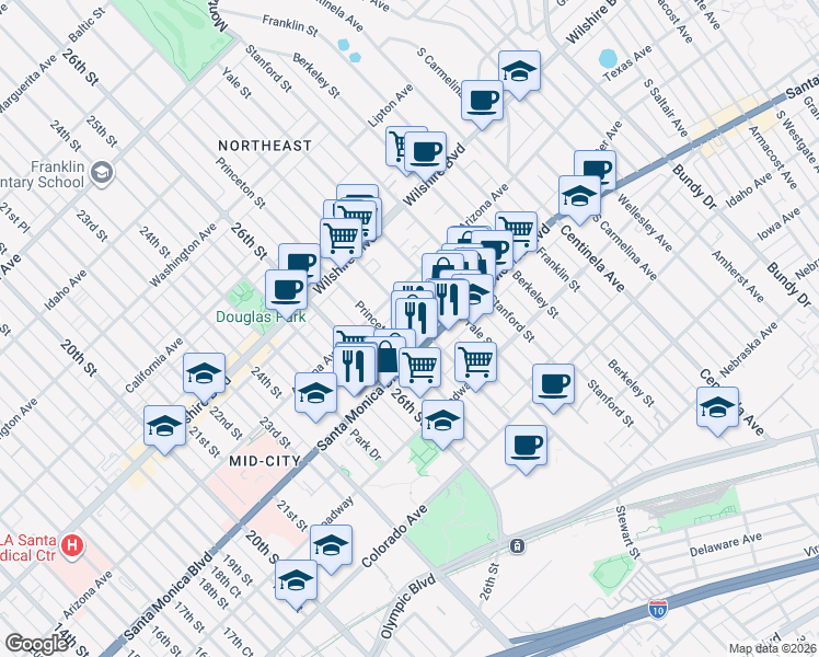 map of restaurants, bars, coffee shops, grocery stores, and more near 1342 Harvard Street in Santa Monica