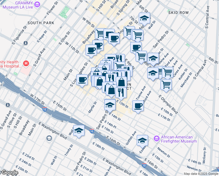 map of restaurants, bars, coffee shops, grocery stores, and more near 1137 San Julian Street in Los Angeles