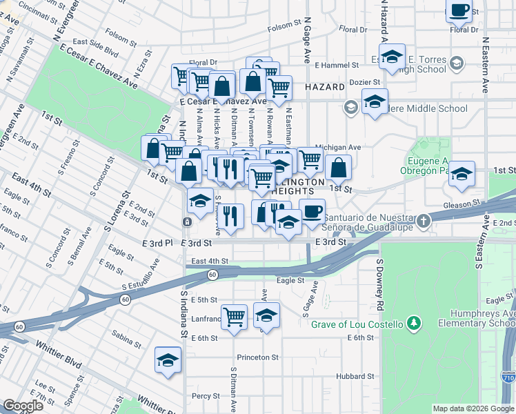 map of restaurants, bars, coffee shops, grocery stores, and more near 134 South Townsend Avenue in Los Angeles