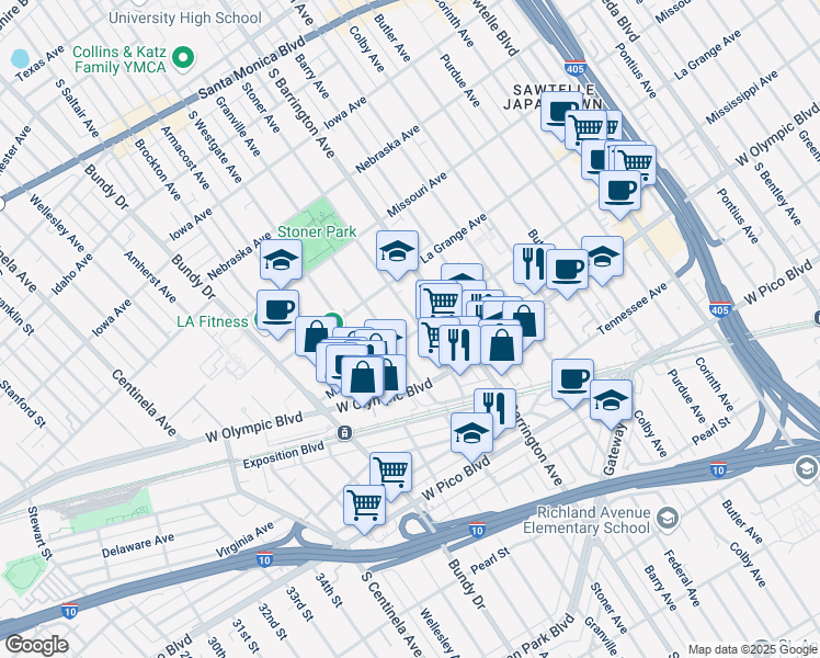 map of restaurants, bars, coffee shops, grocery stores, and more near 11751 Mississippi Avenue in Los Angeles