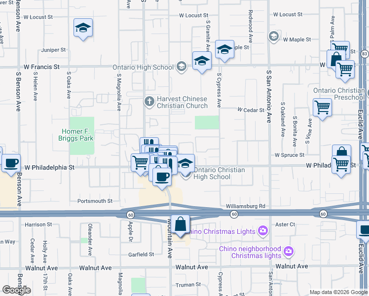 map of restaurants, bars, coffee shops, grocery stores, and more near 926 West Philadelphia Street in Ontario