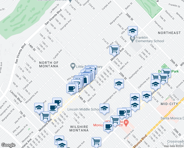 map of restaurants, bars, coffee shops, grocery stores, and more near 739 17th Street in Santa Monica
