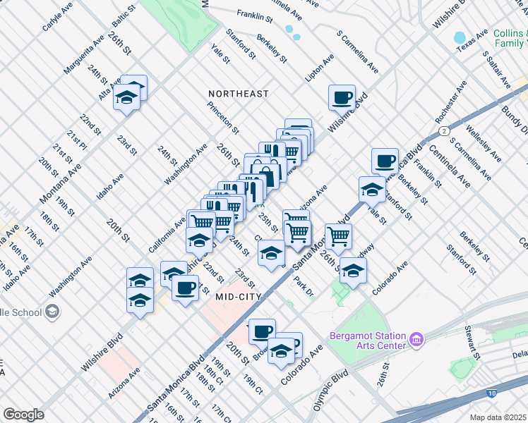 map of restaurants, bars, coffee shops, grocery stores, and more near in Santa Monica