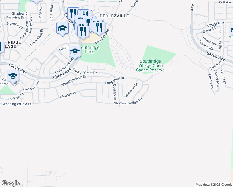 map of restaurants, bars, coffee shops, grocery stores, and more near 12037 Ocotillo Drive in Fontana