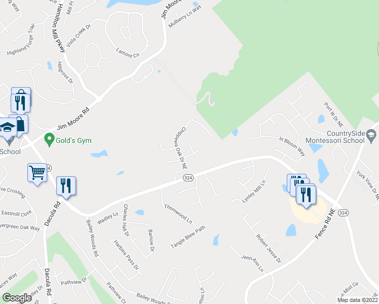 map of restaurants, bars, coffee shops, grocery stores, and more near 1102 Cayuga Court in Dacula