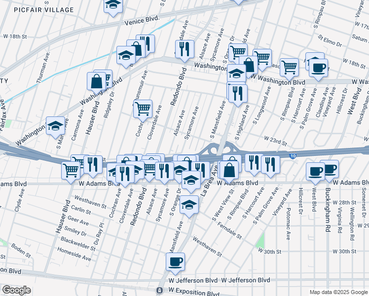map of restaurants, bars, coffee shops, grocery stores, and more near 2402 South Sycamore Avenue in Los Angeles