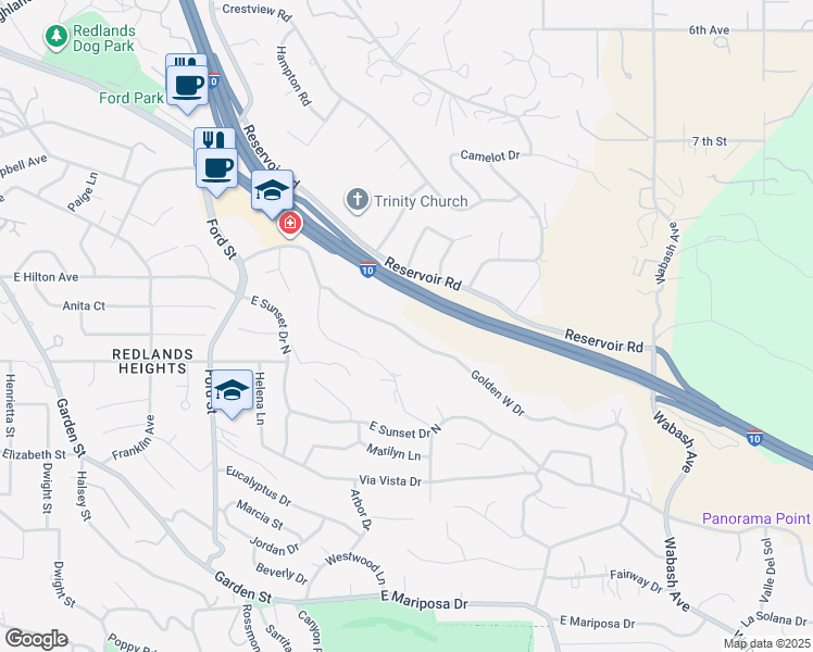map of restaurants, bars, coffee shops, grocery stores, and more near 523 Golden West Drive in Redlands