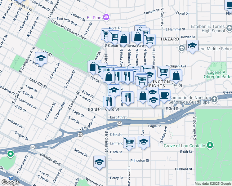 map of restaurants, bars, coffee shops, grocery stores, and more near 134 South Alma Avenue in Los Angeles