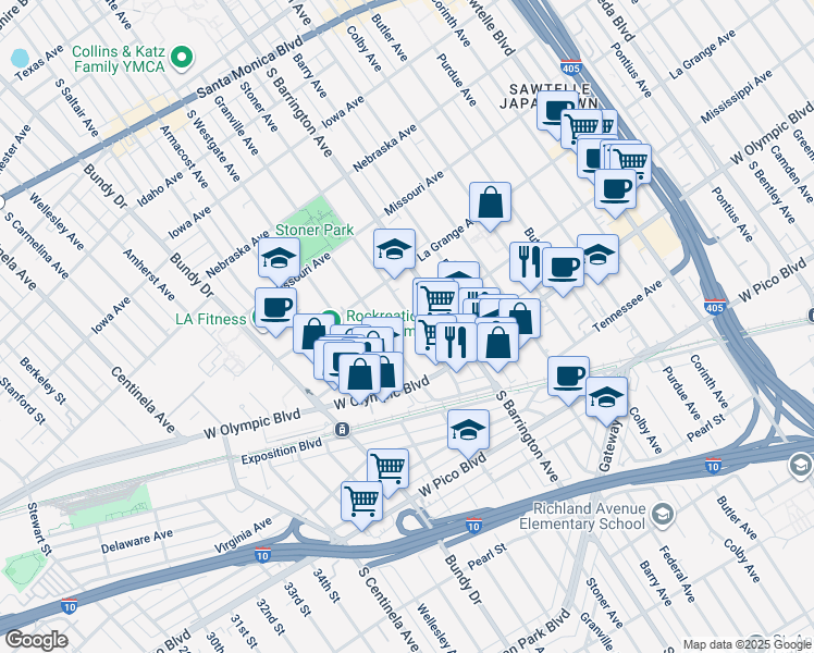 map of restaurants, bars, coffee shops, grocery stores, and more near 11751 Mississippi Avenue in Los Angeles