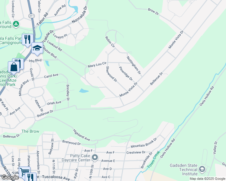 map of restaurants, bars, coffee shops, grocery stores, and more near 213 Lugenia Drive in Gadsden
