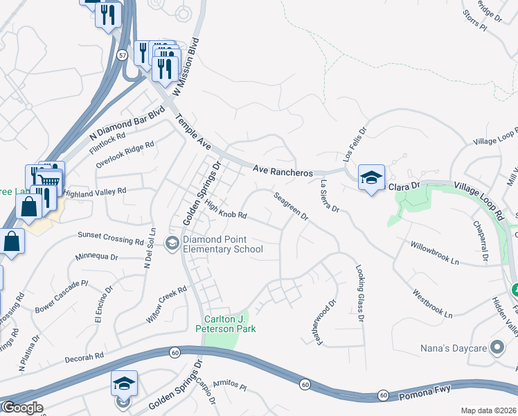map of restaurants, bars, coffee shops, grocery stores, and more near 1175 Flying Hill Place in Diamond Bar